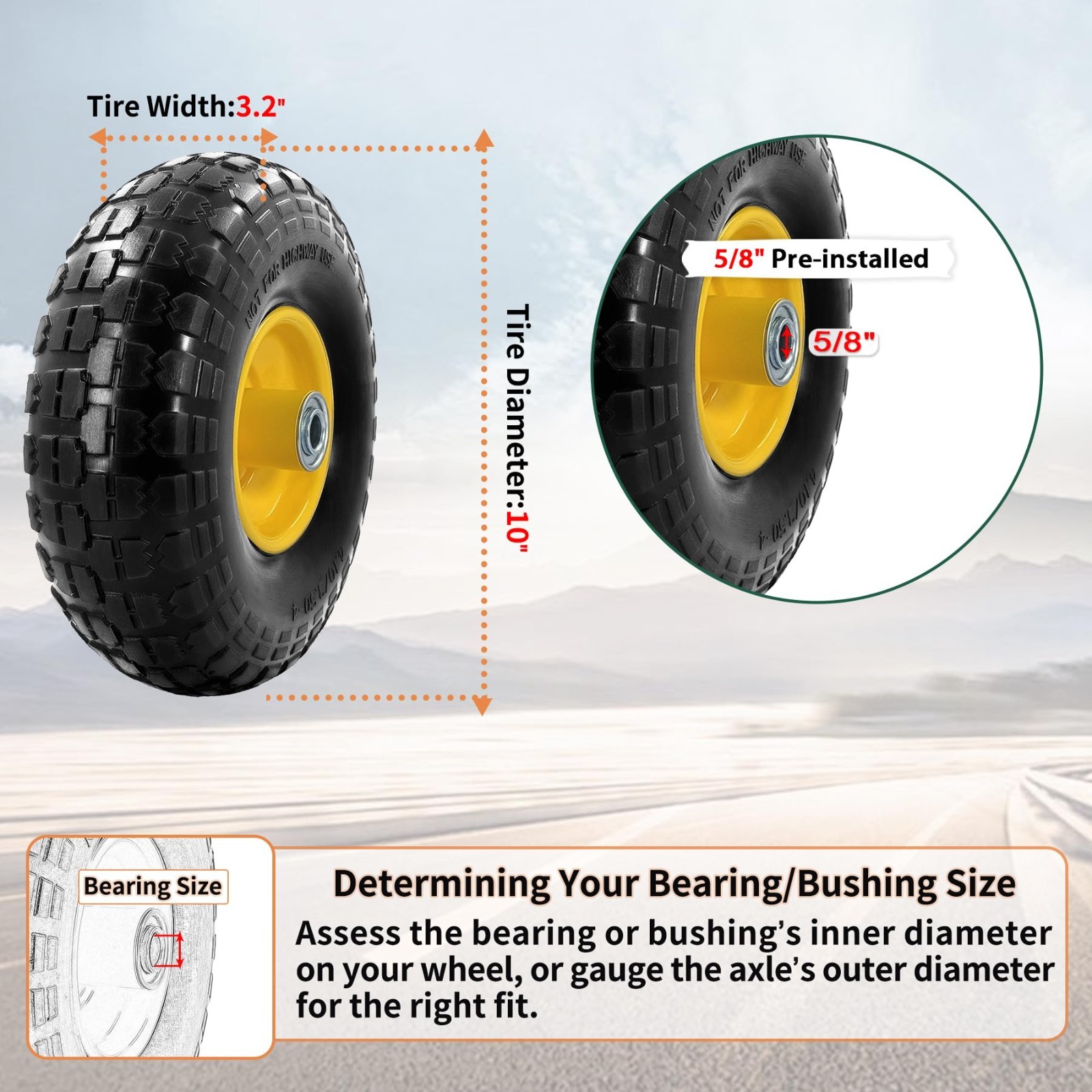 4PCS Upgrade 4.10/3.50-4 Flat Free Solid Rubber Tire and Wheel, 10″ Solid Tires