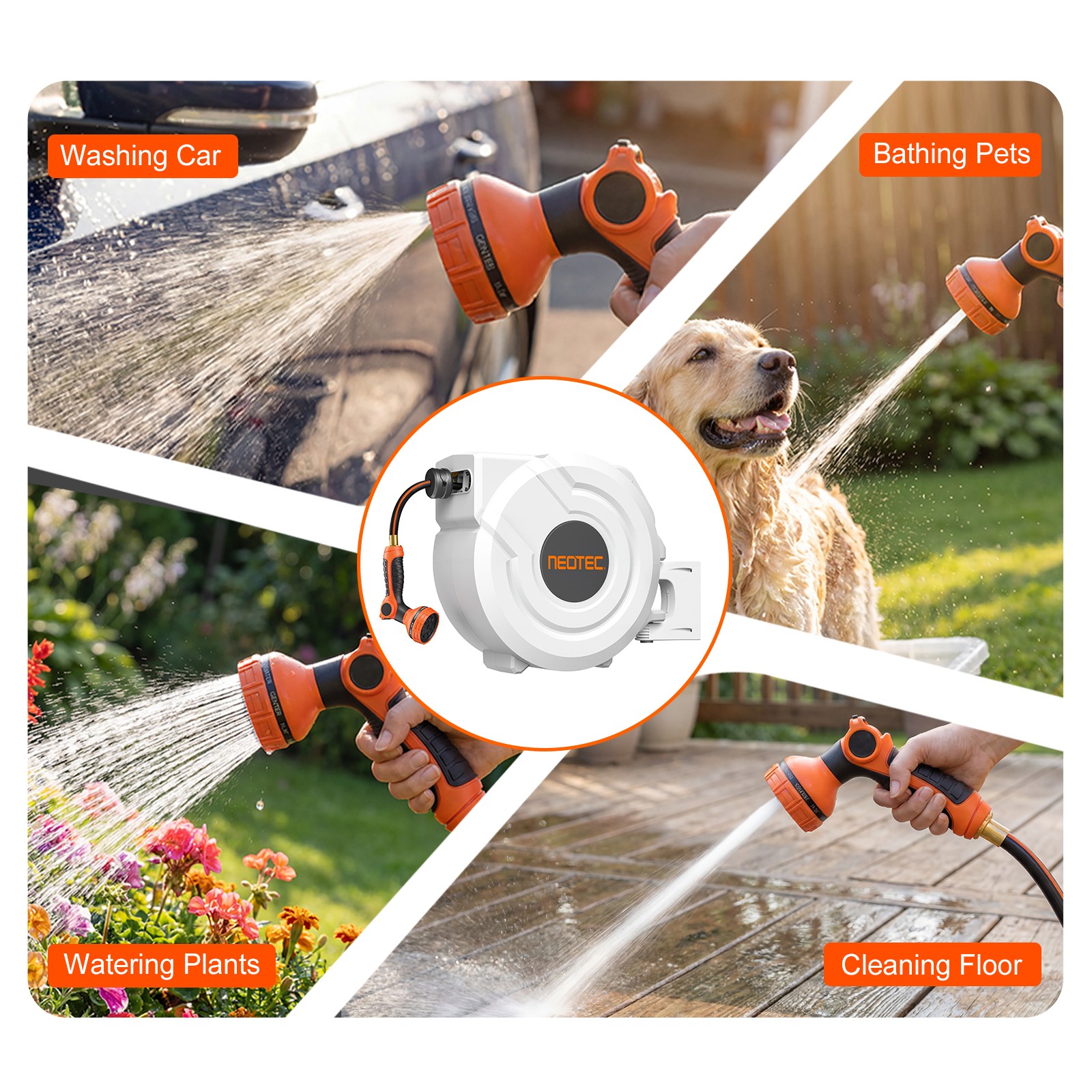 5/8 in X 100 Ft Retractable Garden Hose Reel , Wall Mounted, 9-Function Sprayer