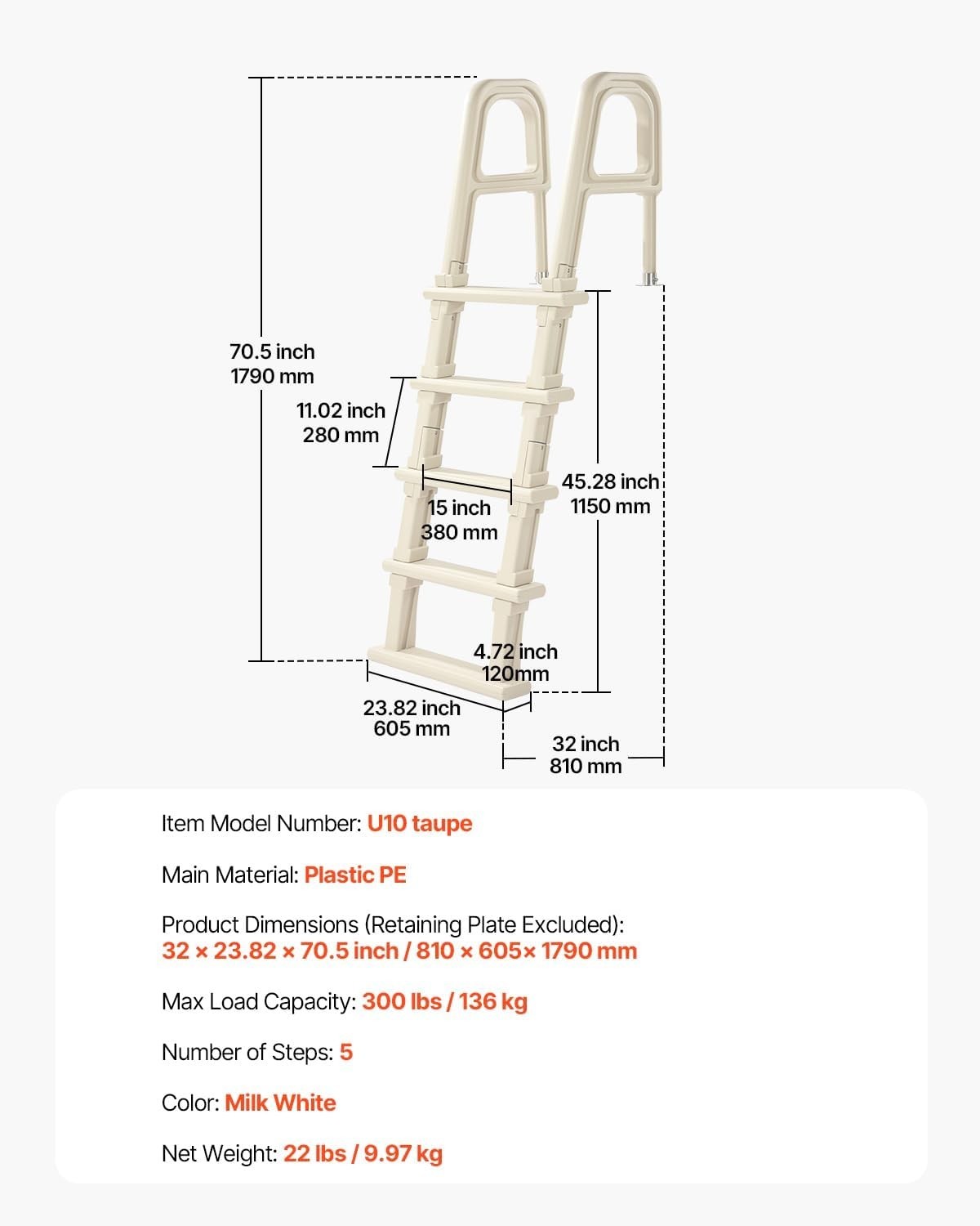 Sturdy Non-Slip 5-Step Pool Ladder with Inclined Design – 300 lb Load Capacity