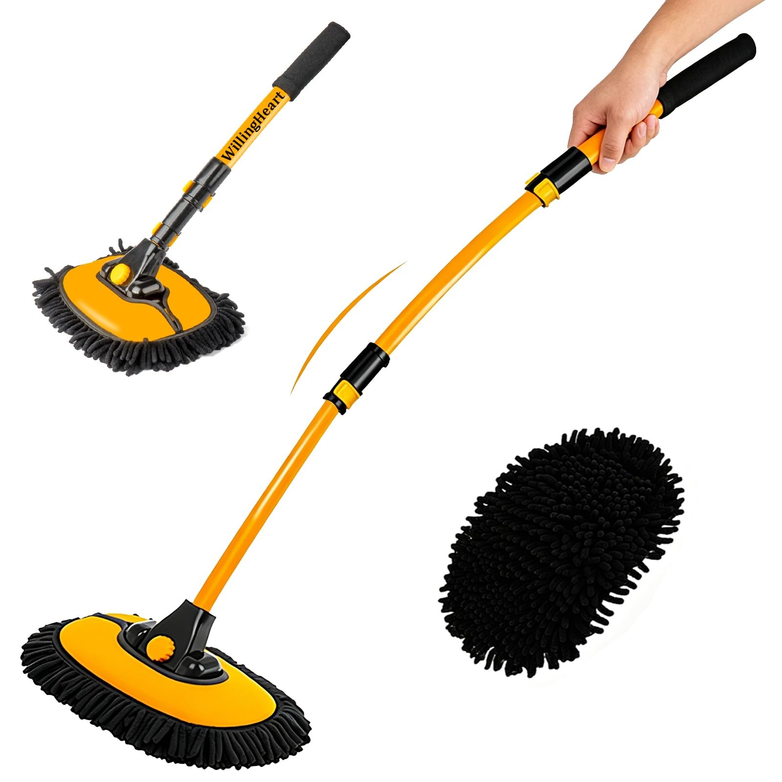 WillingHeart 15° Curved Car Wash Brush with Long Handle 43″ Large, Yellow