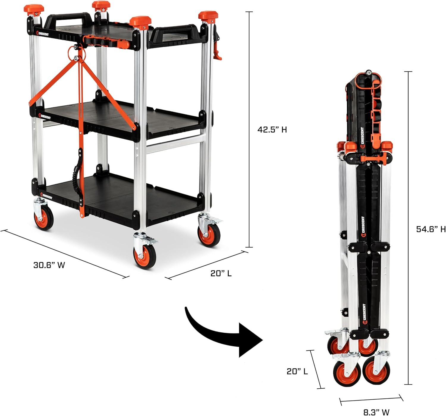 3-Shelf Folding Jobsite Utility Cart, Heavy Duty Rolling Service Cart, 300 lb Ca