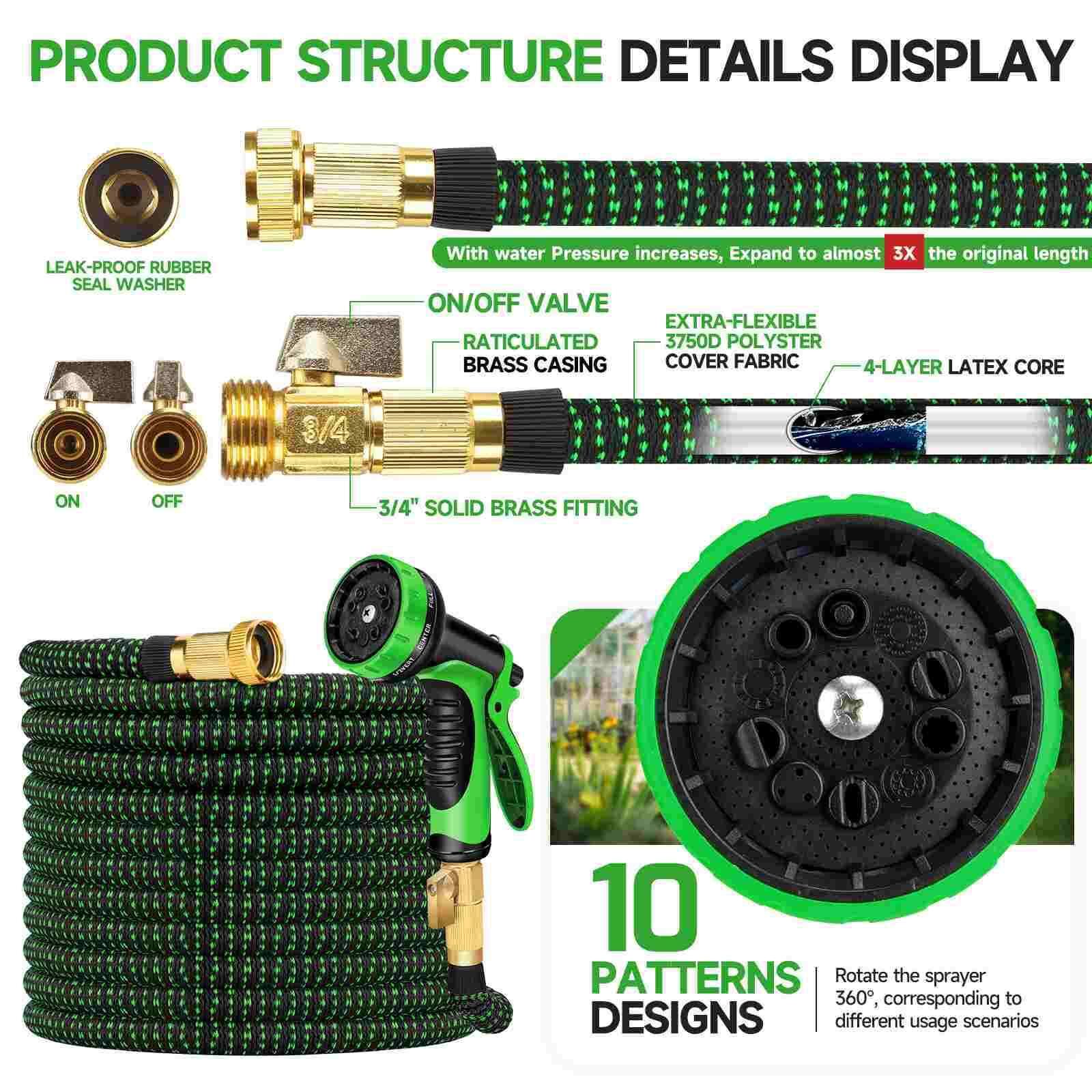10 Function Spray 3X Expandable Flexible Garden Water Hose 25/50/75/100/150ft