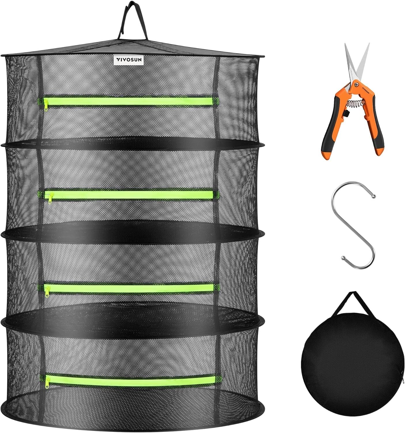 1-Pack 4-Layer Mesh Drying Rack Hanging Design w/ Green Zippers for Dehydrating
