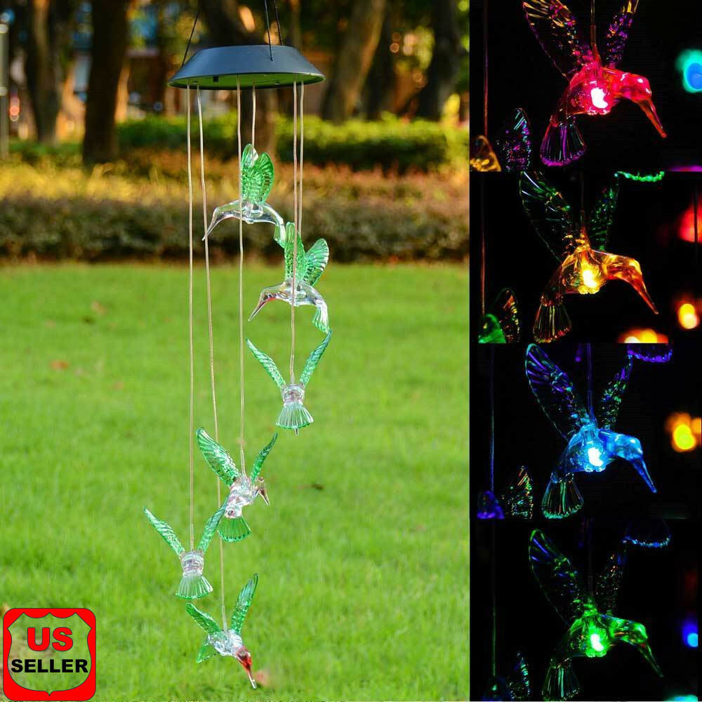 Solar Color Changing LED Hummingbird Wind Chimes Home Garden Decor Light Lamp US