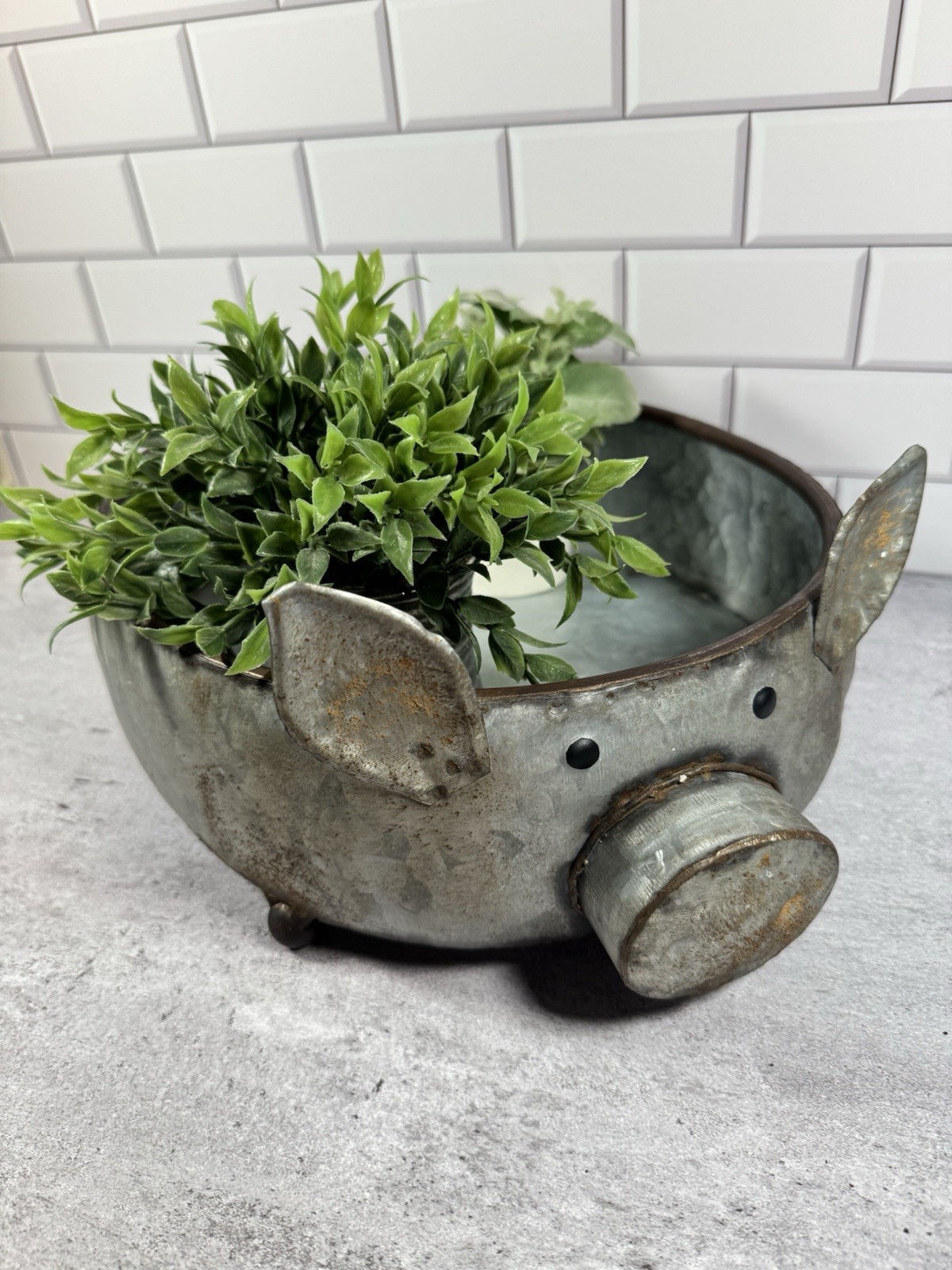 Galvanized Metal Pig Planter Rustic Farmhouse Trough Centerpiece 14”