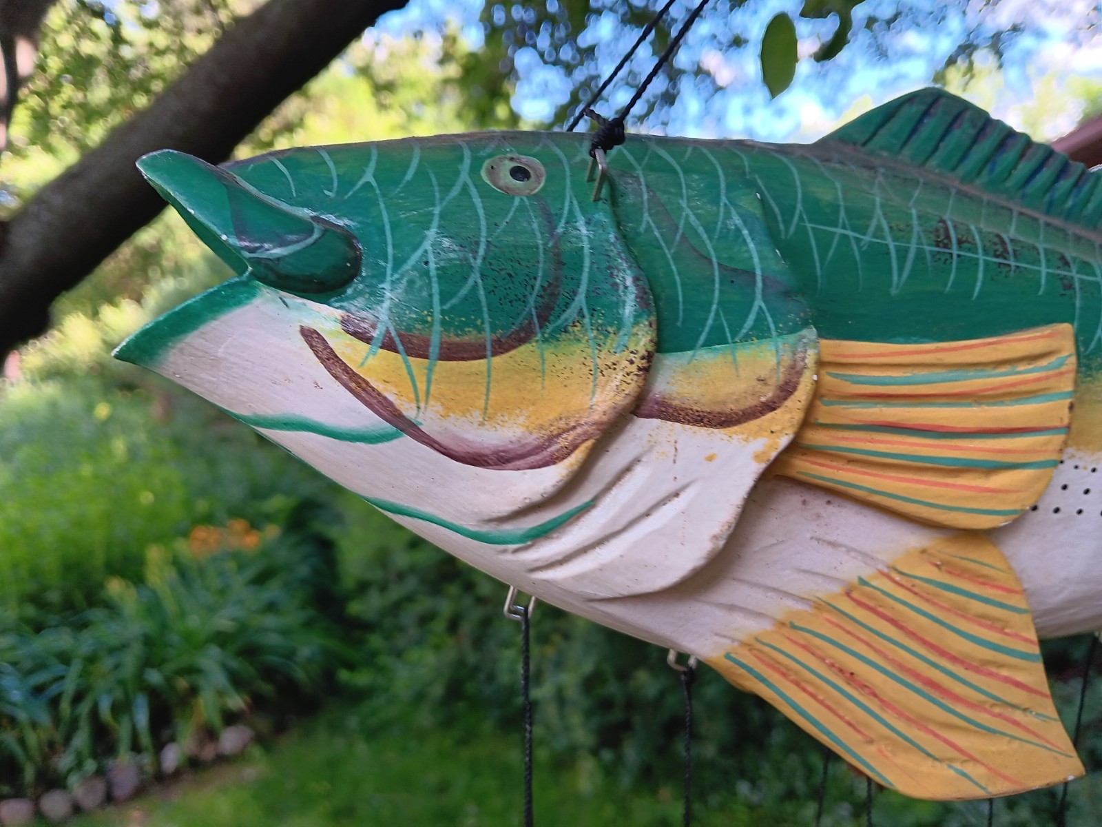 Large Vtg Walleye ? Fish Windchime Wood Bamboo Cabin Cottage Decor