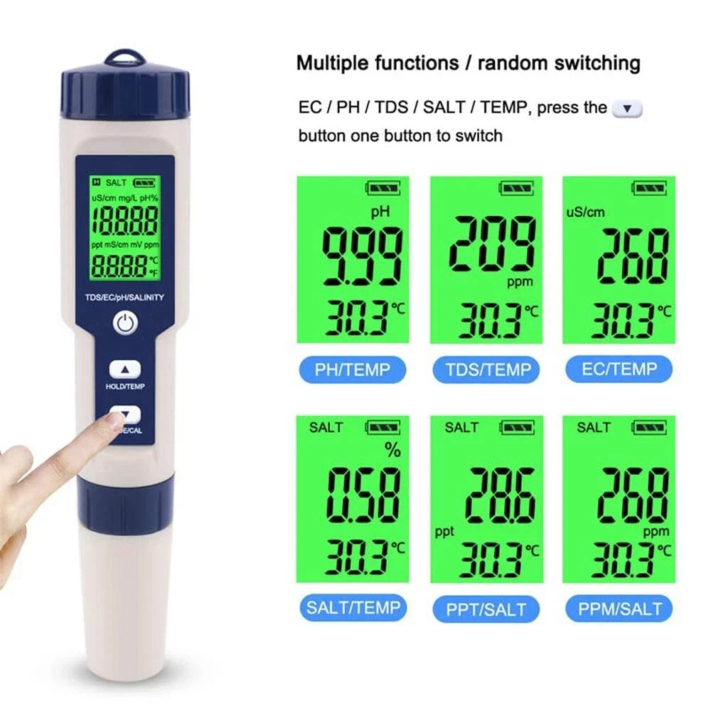 PH/TDS/EC/Salinity/Temperature 5 In 1 Digital Water Quality Meter Tester Tool US