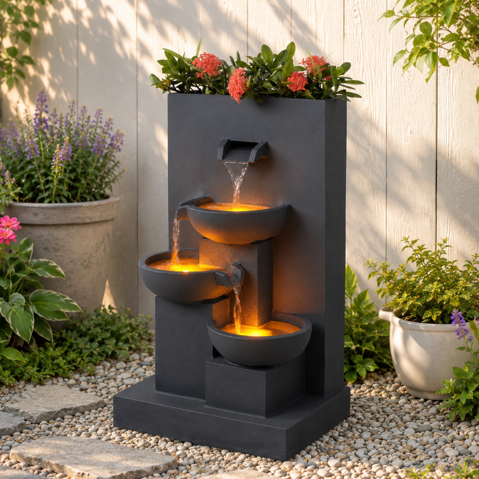 Teamson Home 29.13″ Water Fountain with Planter, Gray