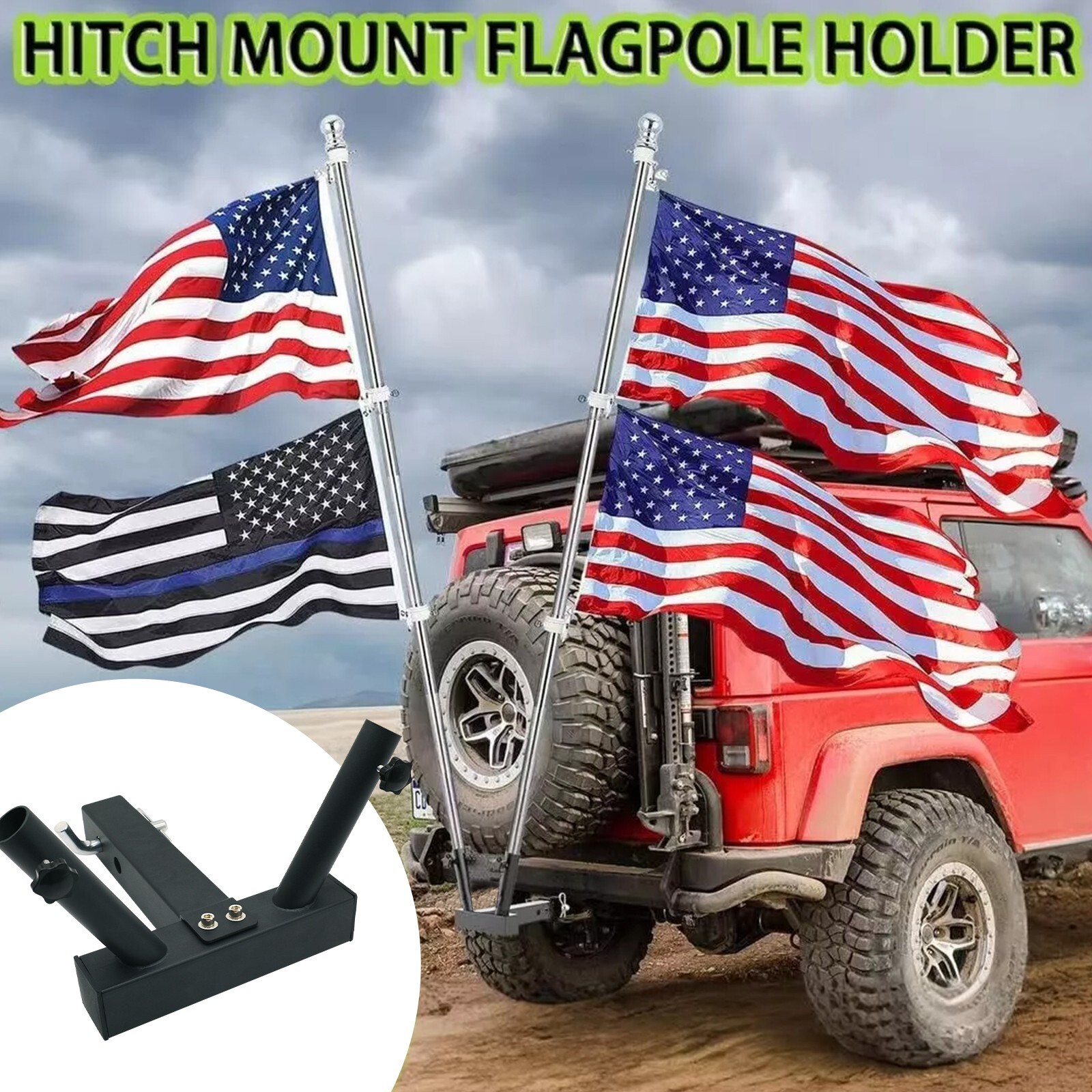 Hitch Mount Dual Flagpole Holder Universal for Standard 2 in Receiver Universal