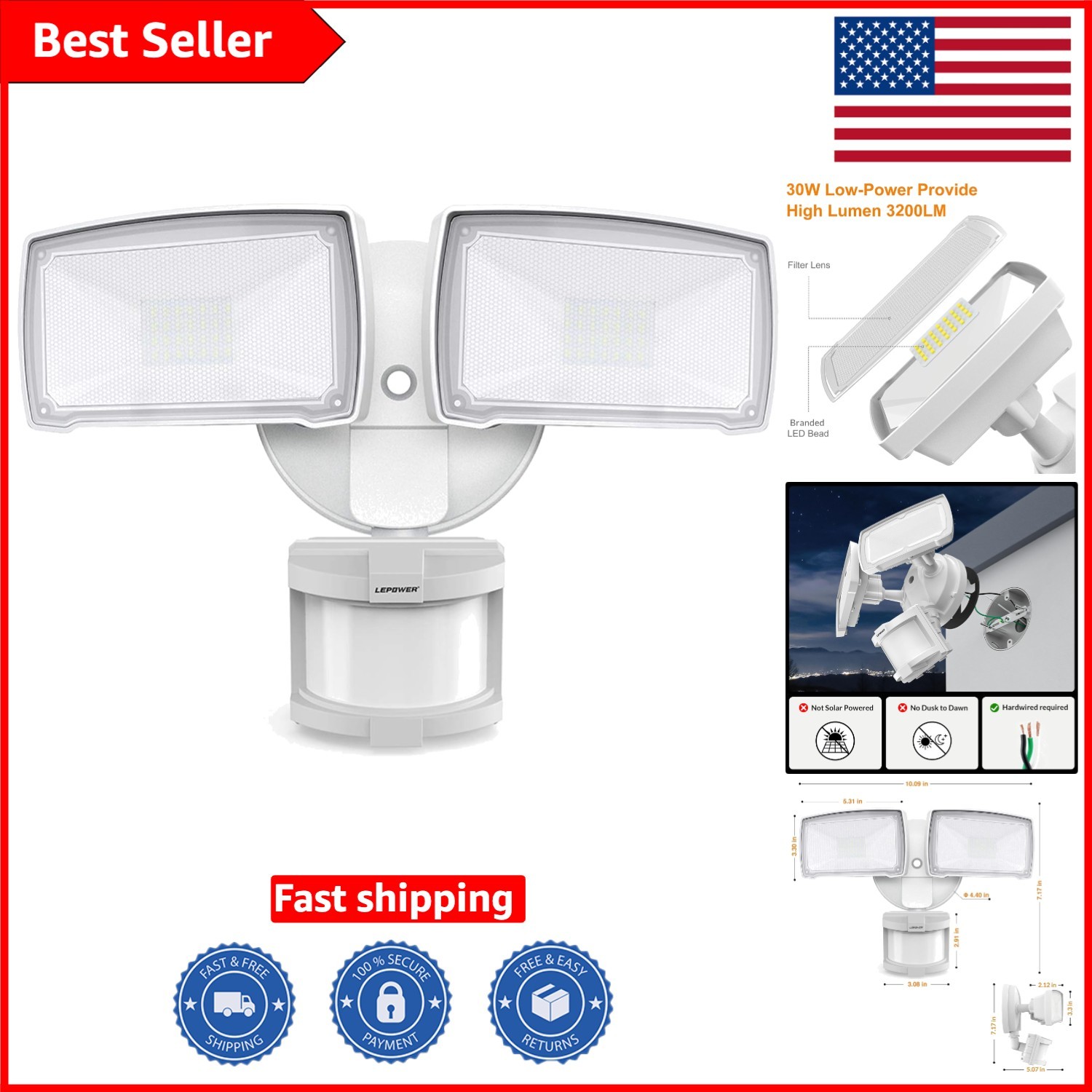 Energy Efficient 30W LED Motion Detector Light – 3200LM, Waterproof, Hardwired