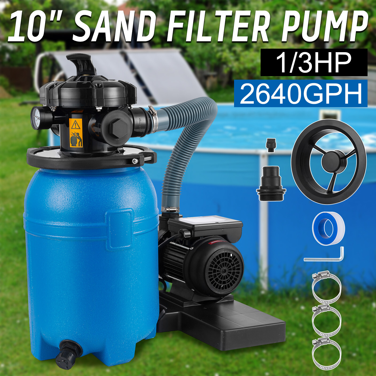 Sand Filter Above Ground with 1/3HP Pool Pump 2640GPH Flow 10″ 6-Way Valve