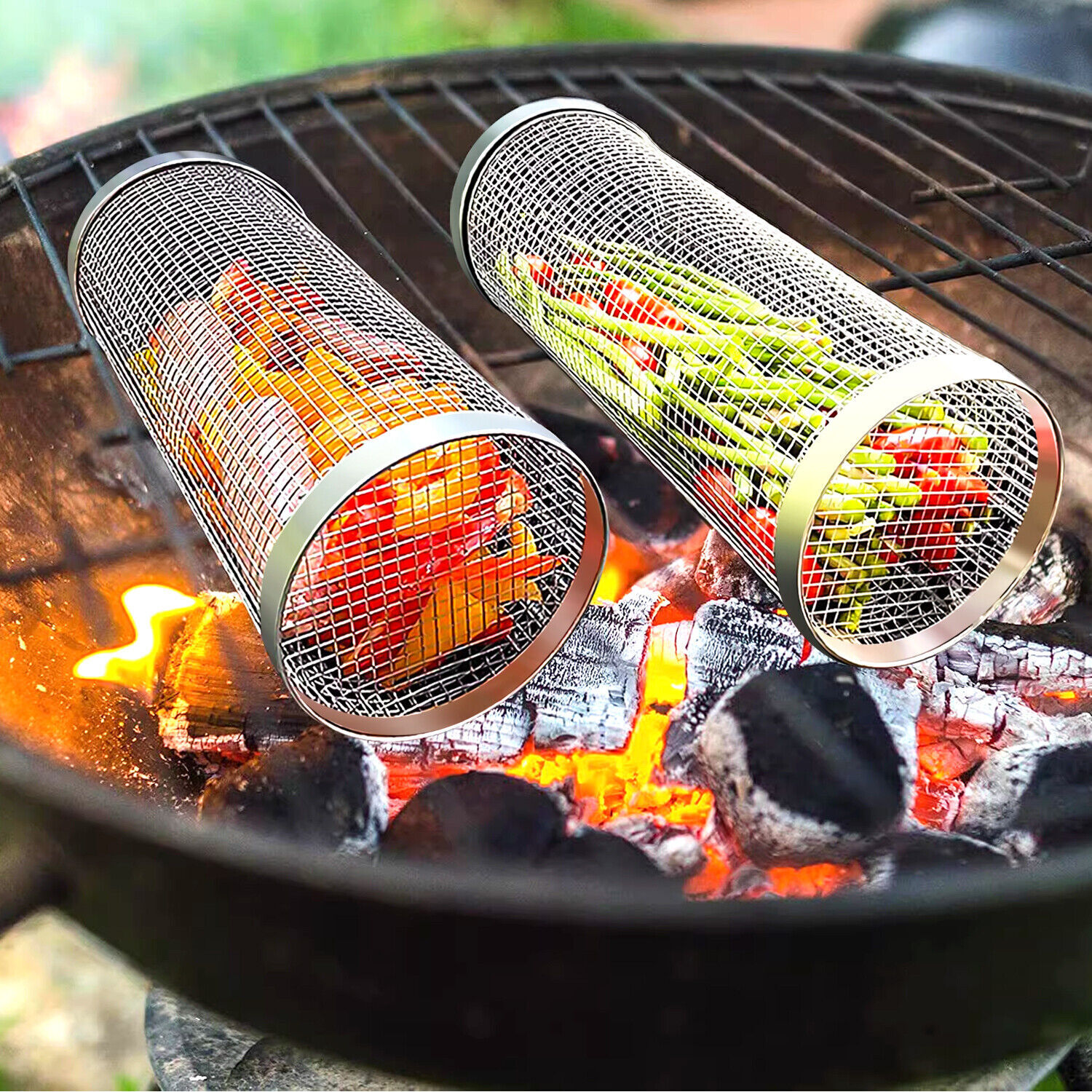 2 Pack Rolling Grilling Basket Stainless Steel For BBQ Grill Outdoor Tools US