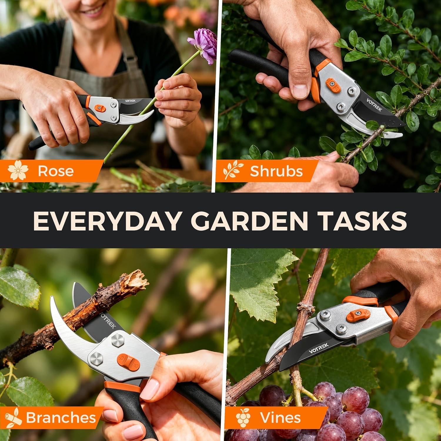 8.5″ Bypass Pruner, Jam-Proof SK5 Blade, Ergonomic Grip for Weak Hands