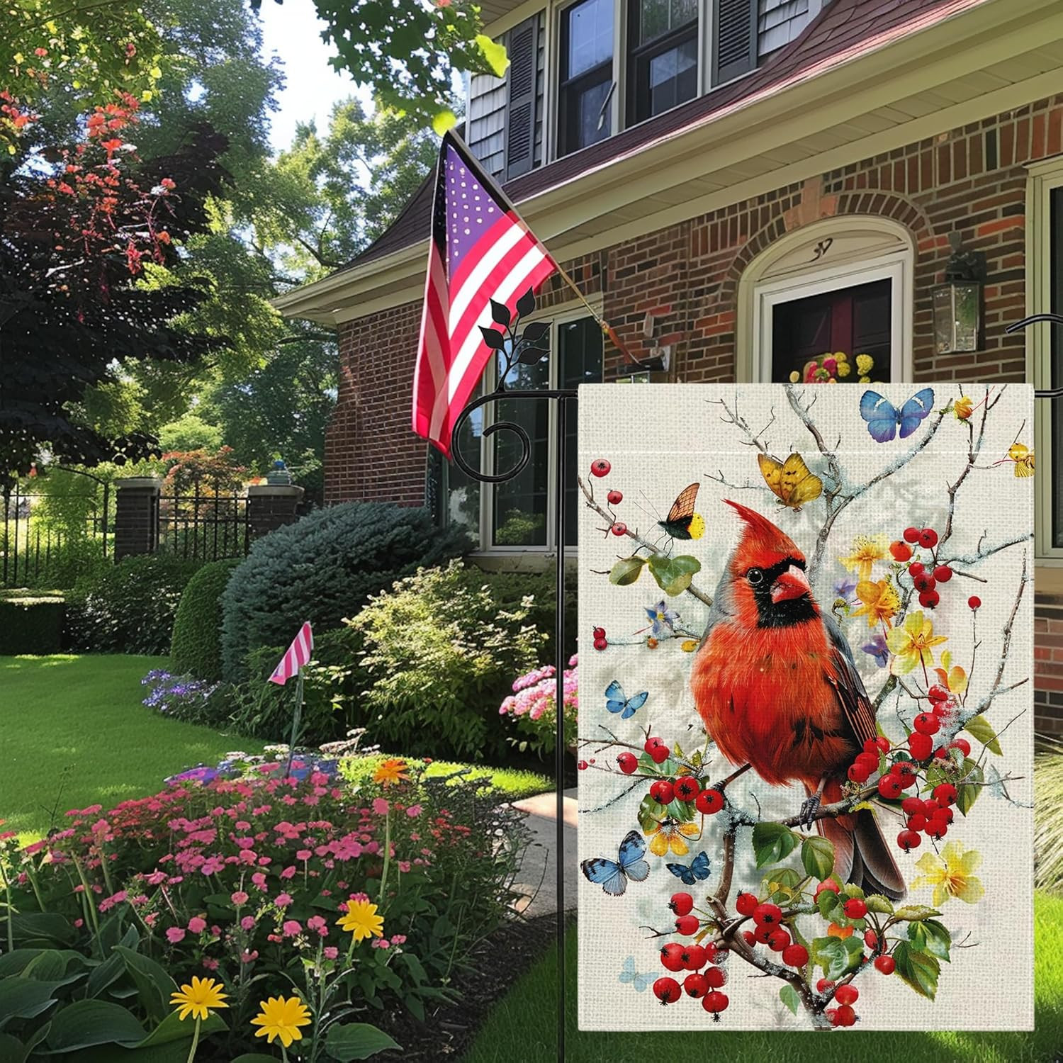Spring Summer Cardinal Bird Butterfly Floral Garden Flag 12X18 Inch Double Sided
