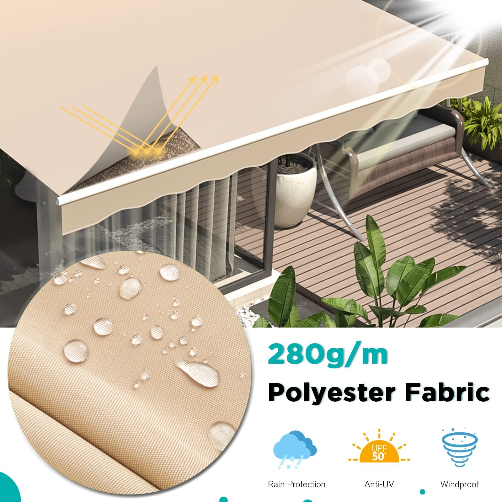 Patio Awning Manual Retractable Sun Shade Outdoor Canopy Deck Door Shelter 4Size