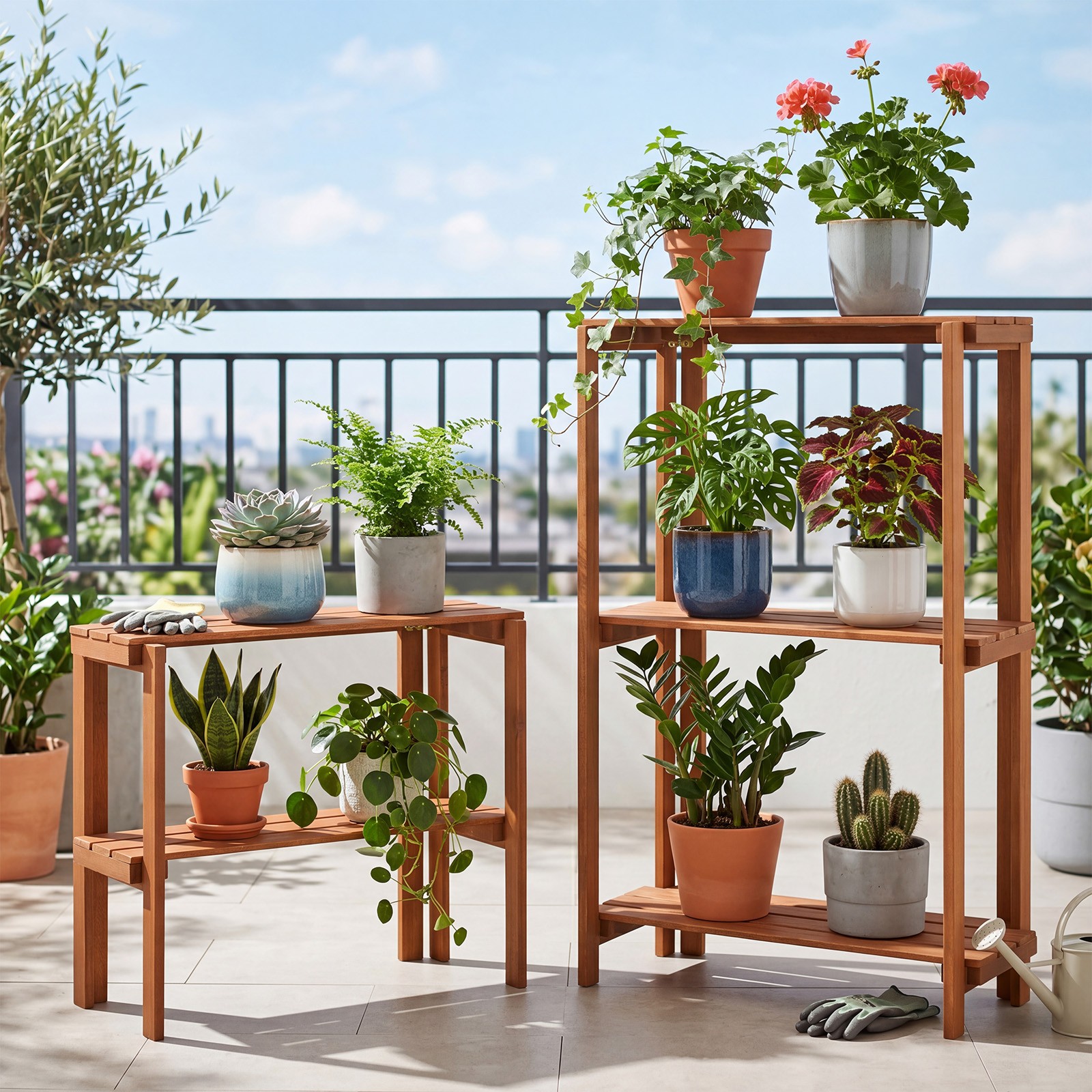 Folding Wooden Storage Shelves, 3-Tier Plant Stand Indoor Outdoor for Entryway