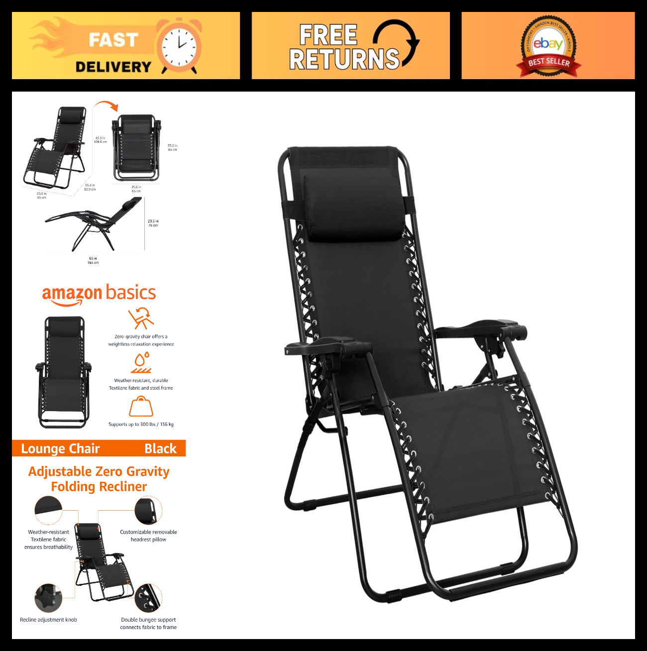 Zero Gravity Lounge Chair with Pillow – Foldable Outdoor Recliner, 300 lb Capaci