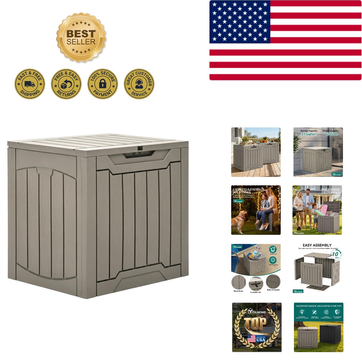31-Gallon Lockable Outdoor Storage Box – Waterproof Resin Deck Container