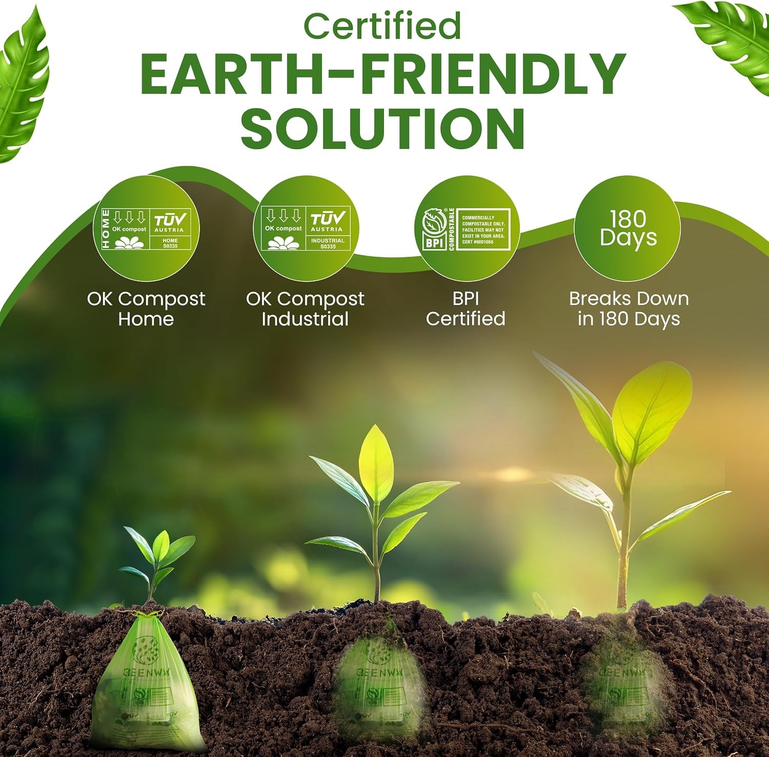 13 Gallon Compostable Drawstring Trash Bags – Extra Thick 1.0 Mil – 50 Count –