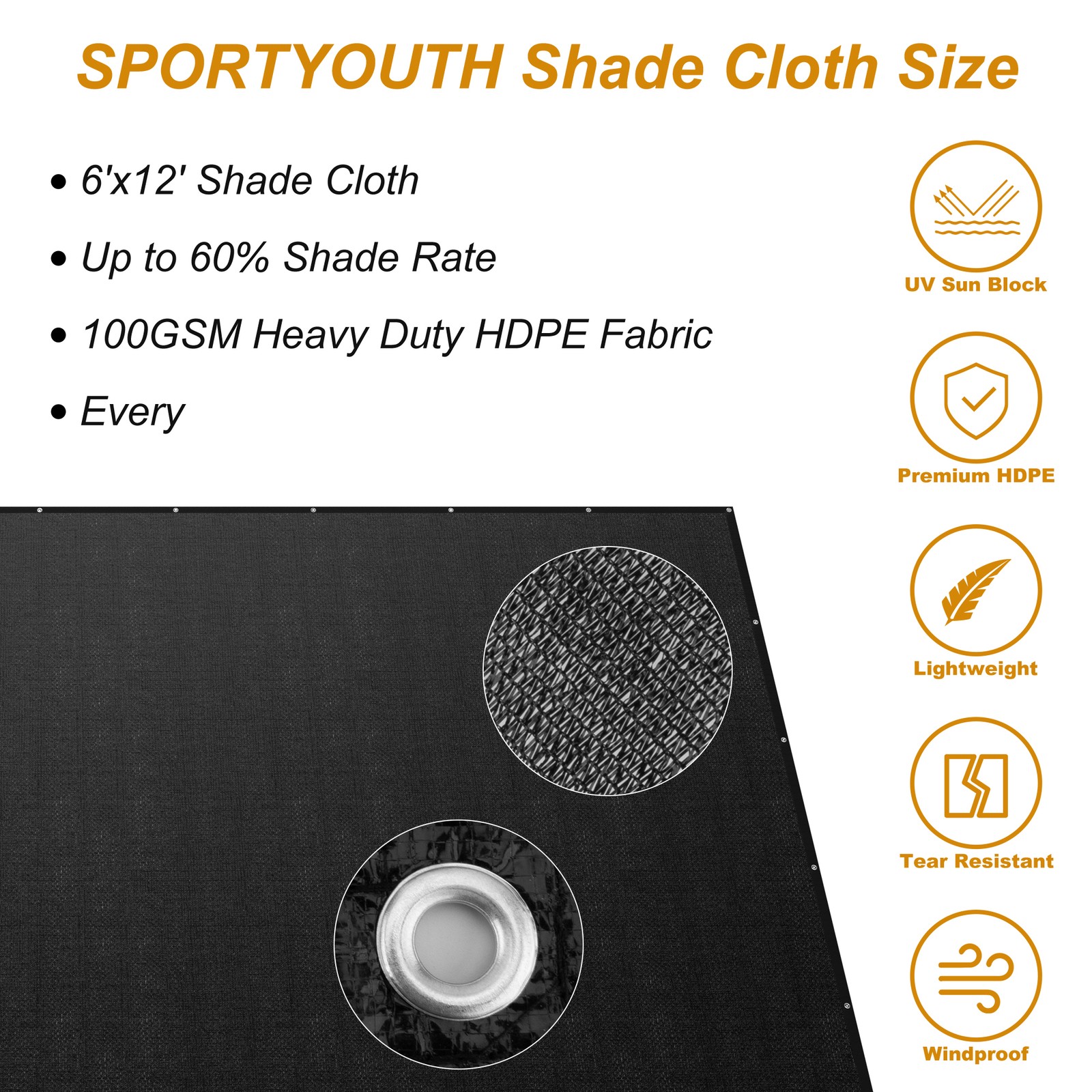 60% Black Sunblock Shade Cloth Taped Edge w/ Grommets UV Resistant Shade Net US