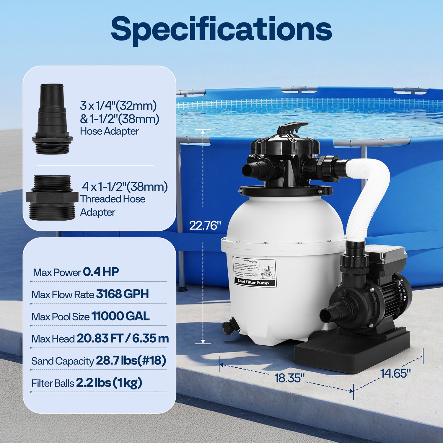 12/13in Sand Filter Pump Above Ground Pool System 6-Way 24H Timer 3168/3618GPH