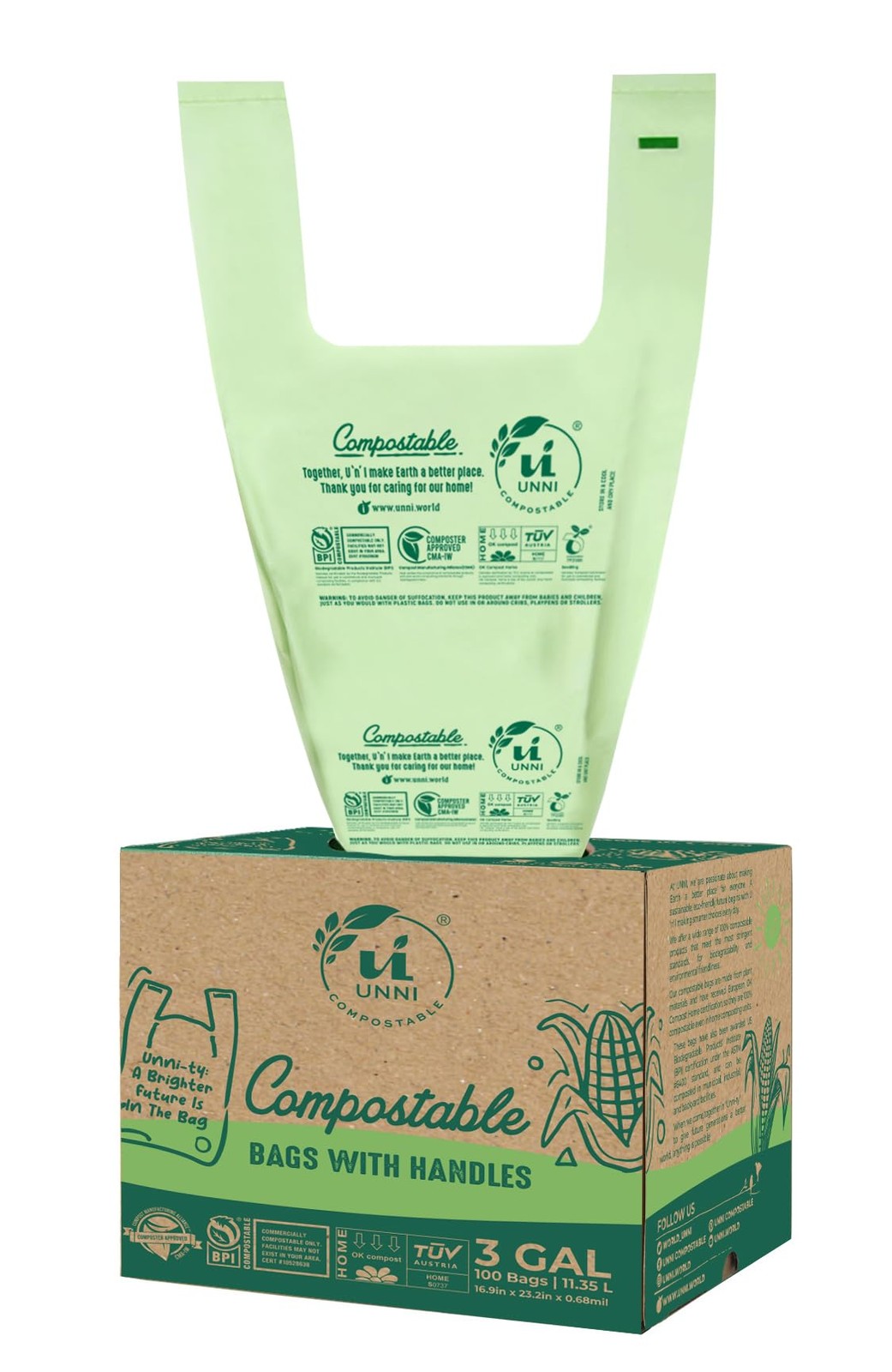 UNNI Compostable T-Shirt Bags, Tie Handles, 3 Gallon, 100 Count, BPI Certified