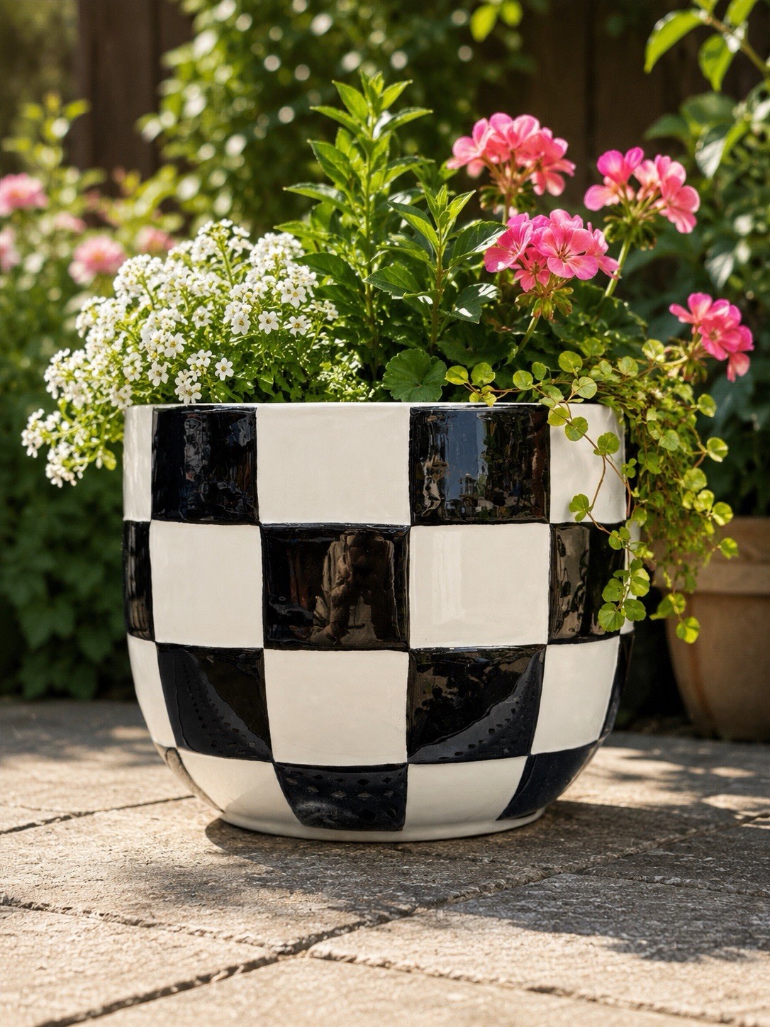 2 Black & White Courtly Check Ceramic Planter Checkered Planter 8” Childs Check