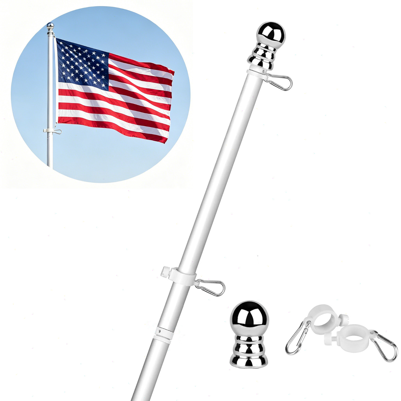 Tangle Free Spinning Flag Pole Aluminum 6FT Two Piece Design Durable Rust Free