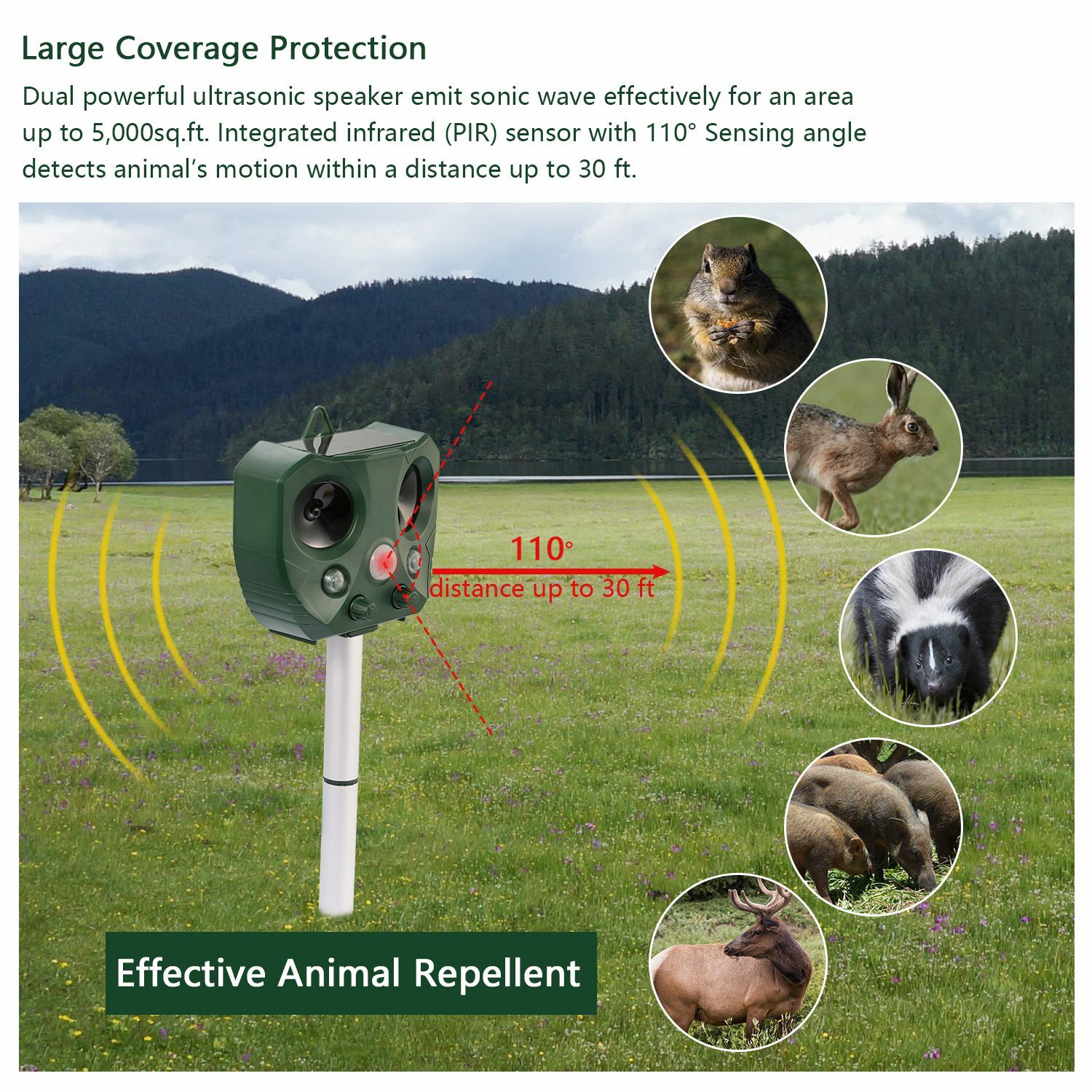 Solar Ultrasonic Pest Animal Repeller Cat Rodent Rat Squirrel Raccoon Control US