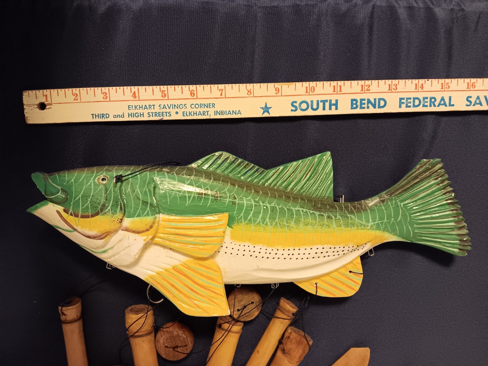 Large Vtg Walleye ? Fish Windchime Wood Bamboo Cabin Cottage Decor