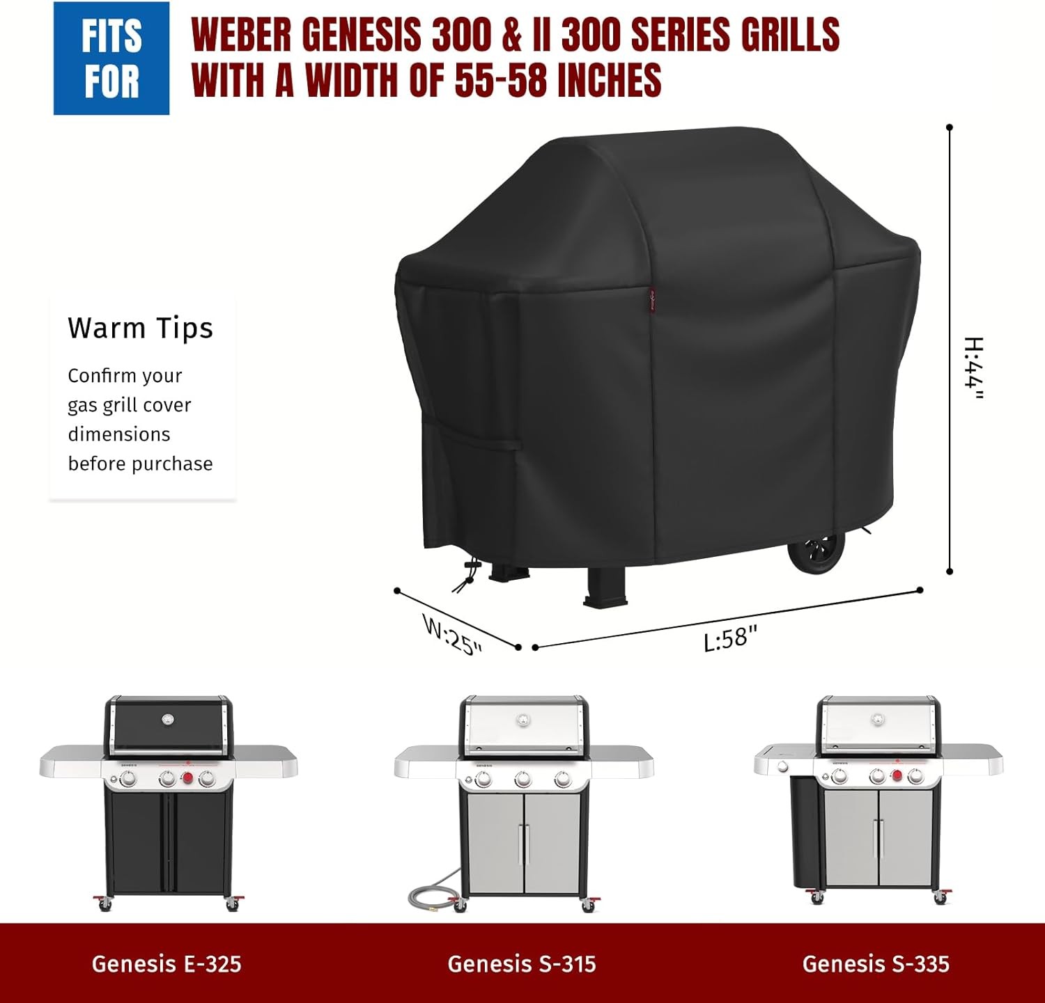 58″ Heavy Duty Waterproof Grill Cover for Weber Genesis II 310 315 330 335 340