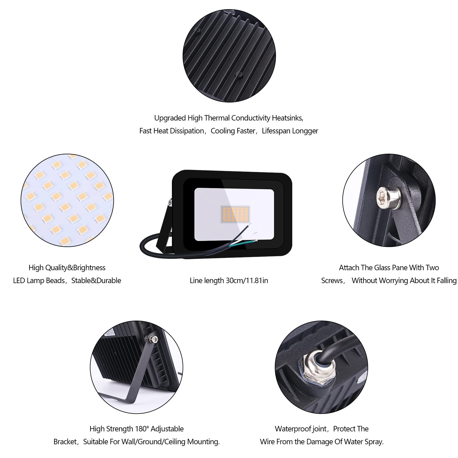 110V 2 Pack 30W LED Flood Light, Warm White 3000K, IP68Waterproof Super Brigh…