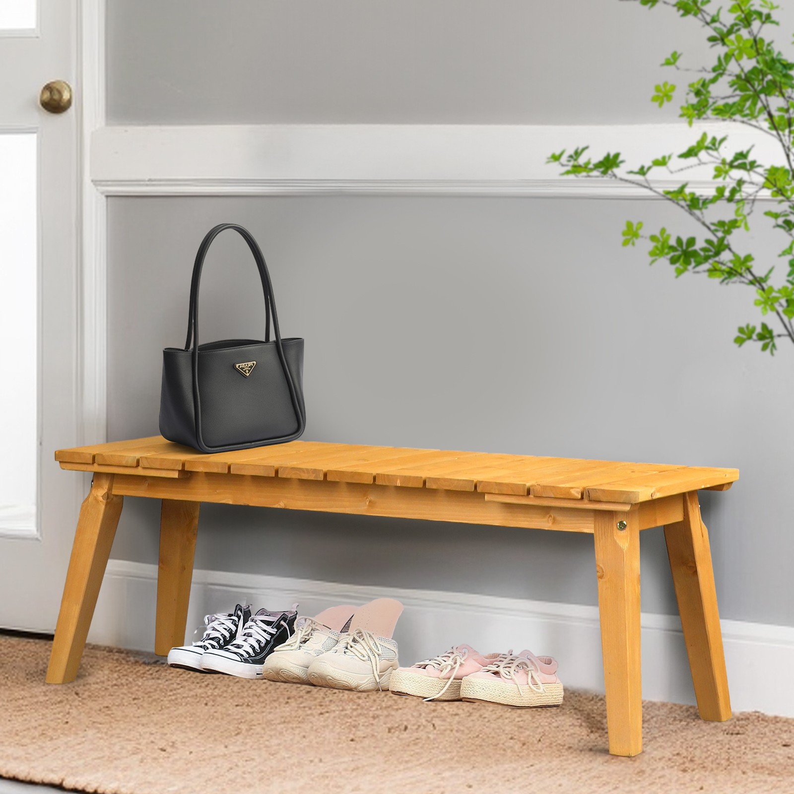 Outdoor 45inch Wooden Porch Bench Seat for Yard Deck Patio Entryway, Teak Finish