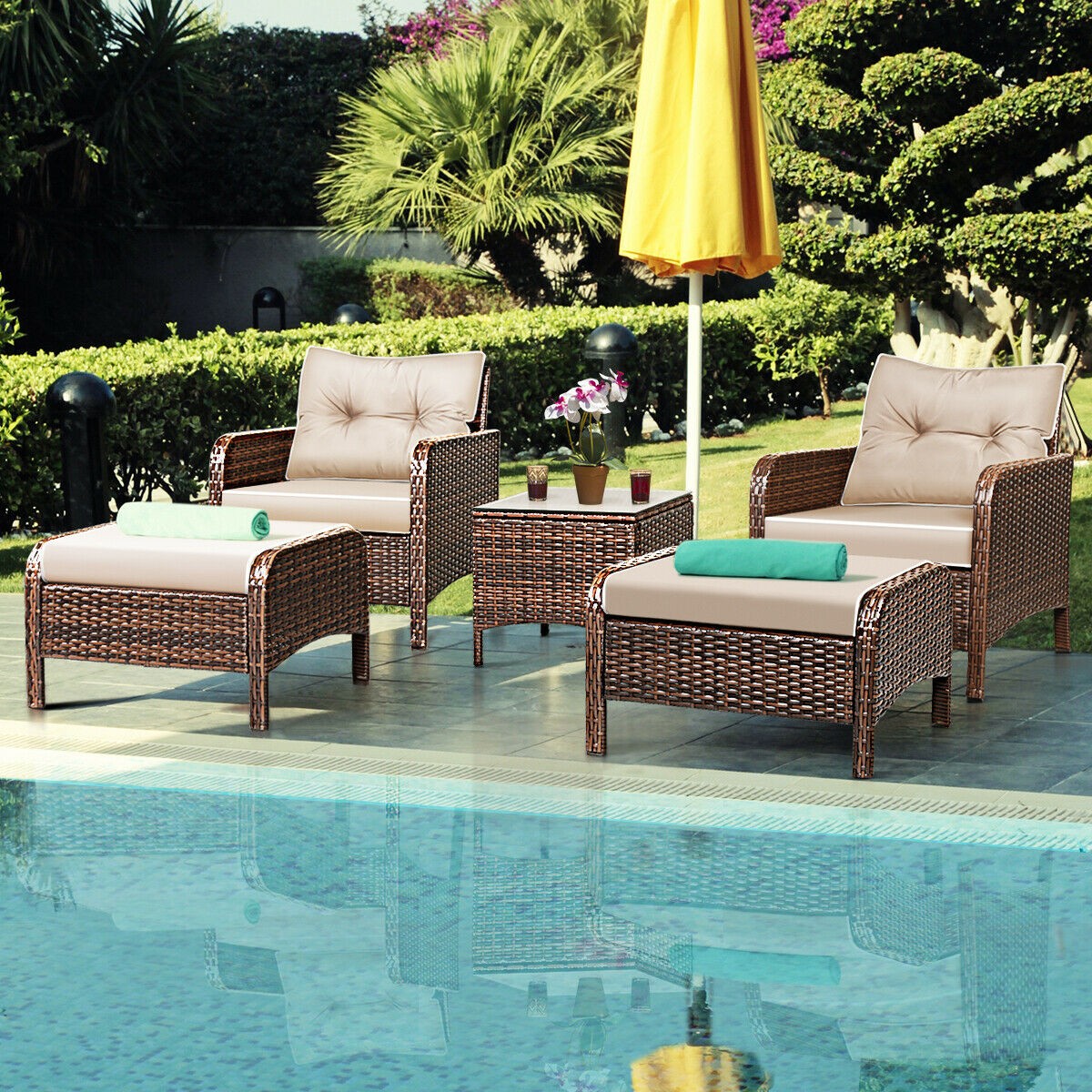 5 PCS Rattan Wicker Furniture Set Sofa Ottoman W/ Cushions Patio Garden Yard NEW