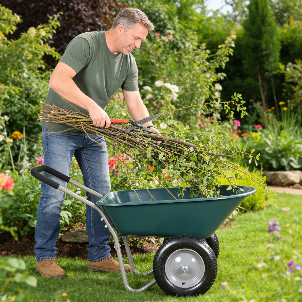Two Wheel Garden Wheelbarrow 15 Inch Pneumatic Wheel WB1001GN Green Trolley