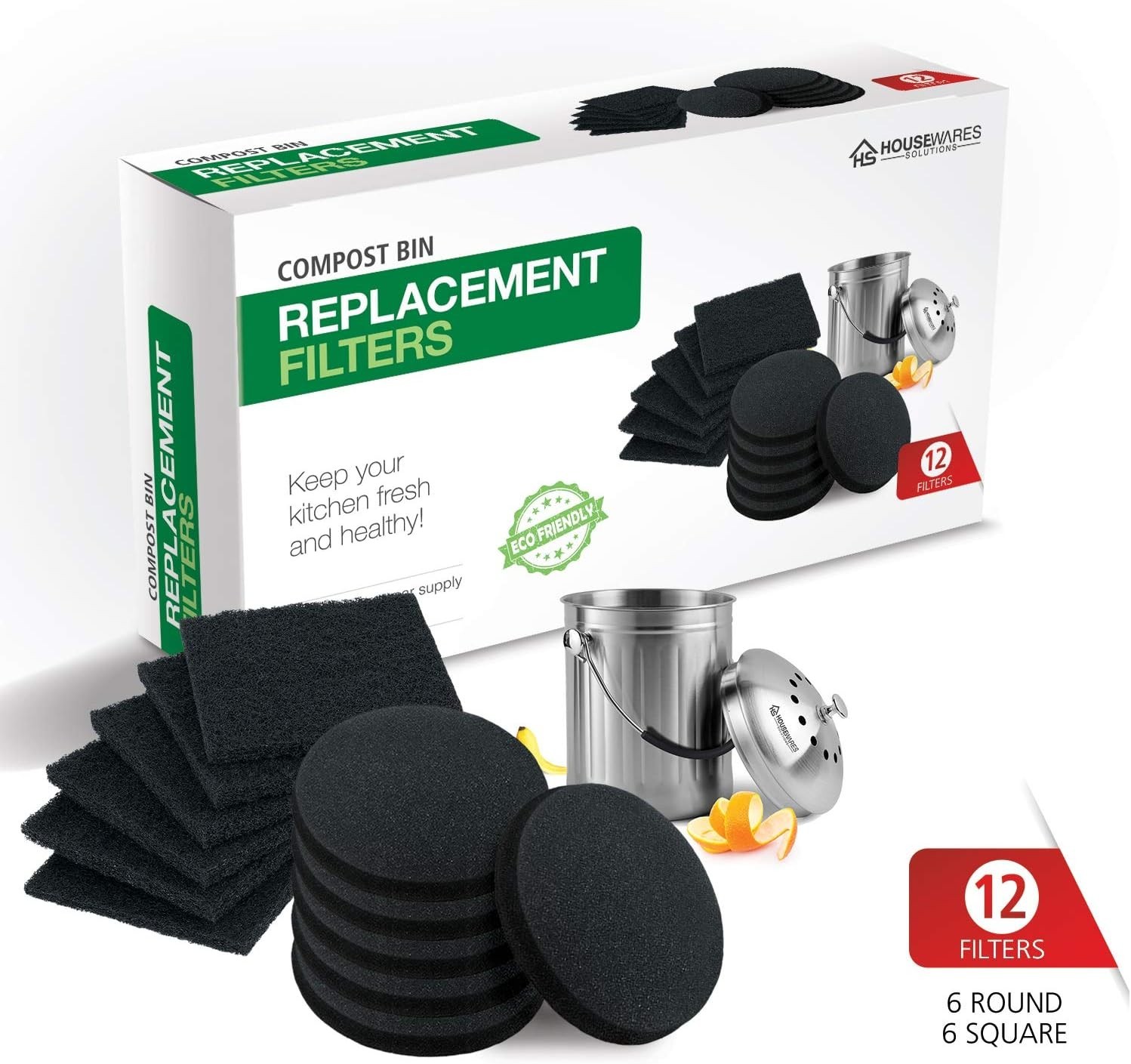 Epica 12 Pack Charcoal Filter Replacement for Countertop Compost Bin | Black