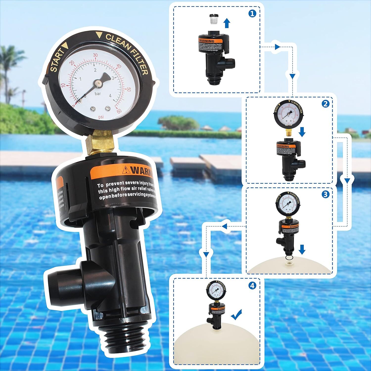 98209800 High Flow Manual Air Relief Valve w/ Gauge Fit for Pentair Pool Filters