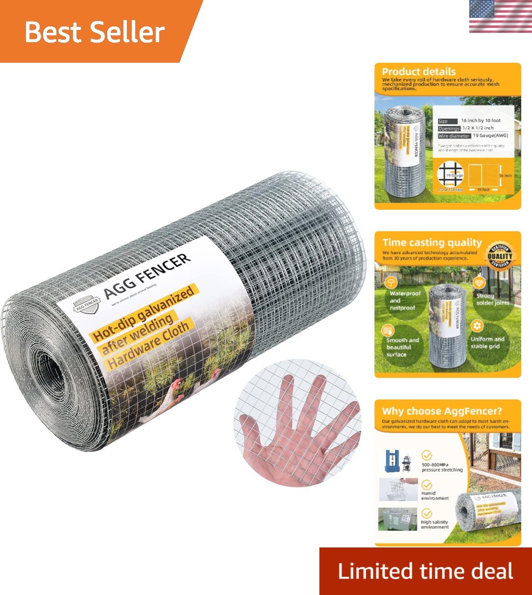 Flexible 1/2 Inch Galvanized Hardware Cloth – 16ft x 10ft for Poultry and Garden