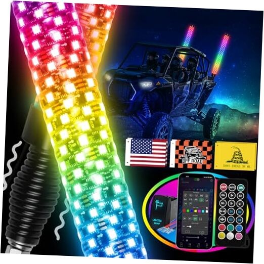 2PCS 3FT Fat LED Lights with Spring Base, RGB Chasing Fat Whip Lights 3FT -2PCS