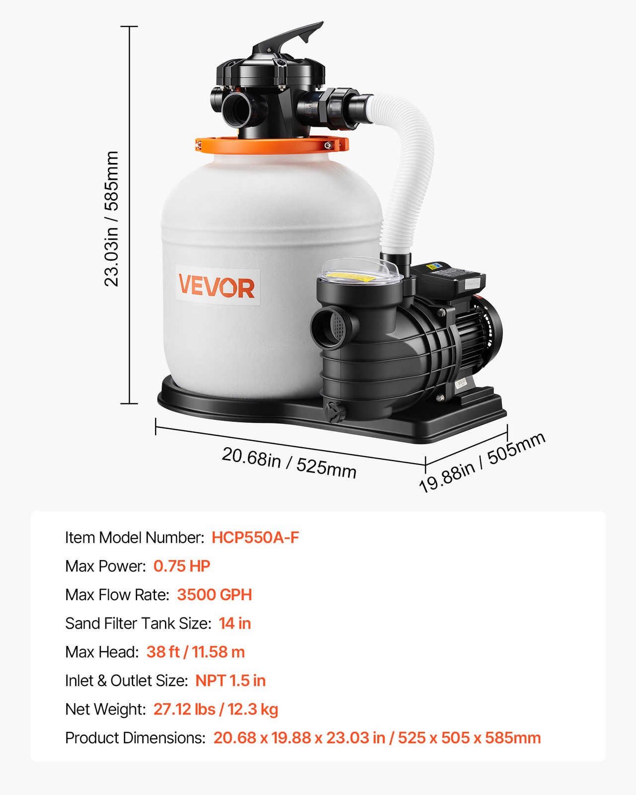 VEVOR FlashPure Sand Filter Pump for Above Ground Pool 14″ 3500 GPH 0.75HP Timer