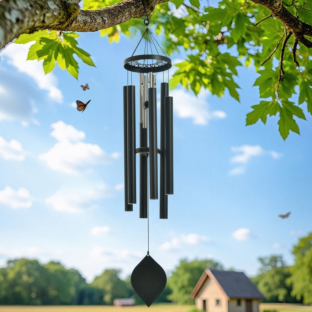Stylecraft Large Double Wind Chimes Black Powder Coated Aluminum & Steel – NEW