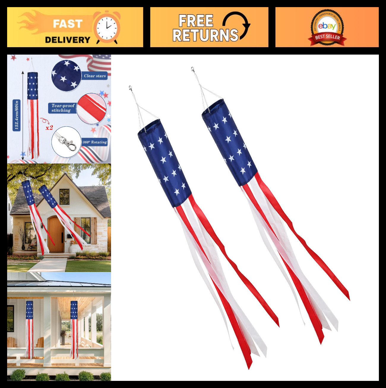 Patriotic 4th of July Decorations – Set of 2 American Flag Windsocks, 60 Inch, Y