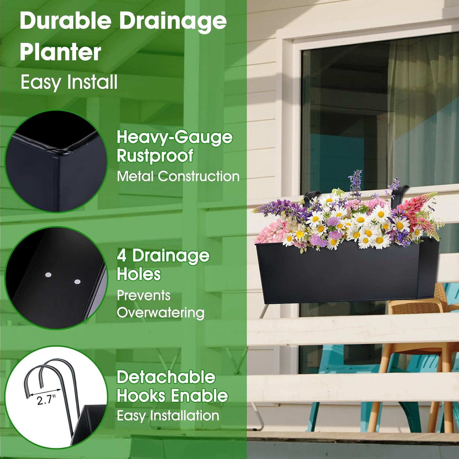 OGIMA 16-Inch Railing Planter Box, 3 Pack Large Hanging Planters for Outdoor Pla