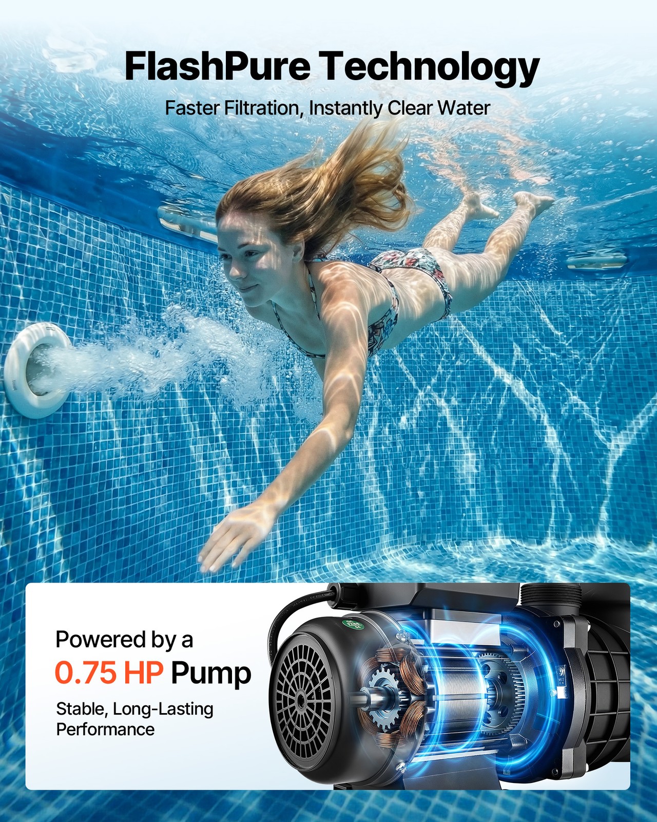 VEVOR FlashPure Sand Filter Pump for Above Ground Pool 14″ 3500 GPH 0.75HP Timer