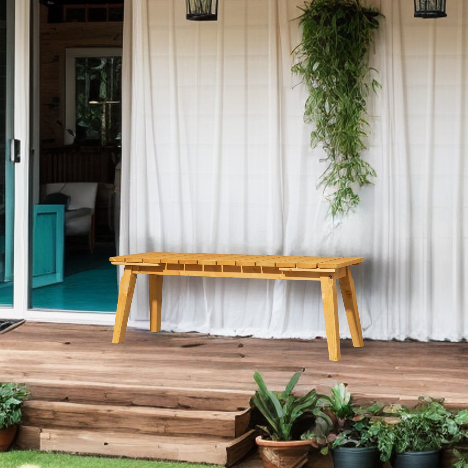 Outdoor 45inch Wooden Porch Bench Seat for Yard Deck Patio Entryway, Teak Finish
