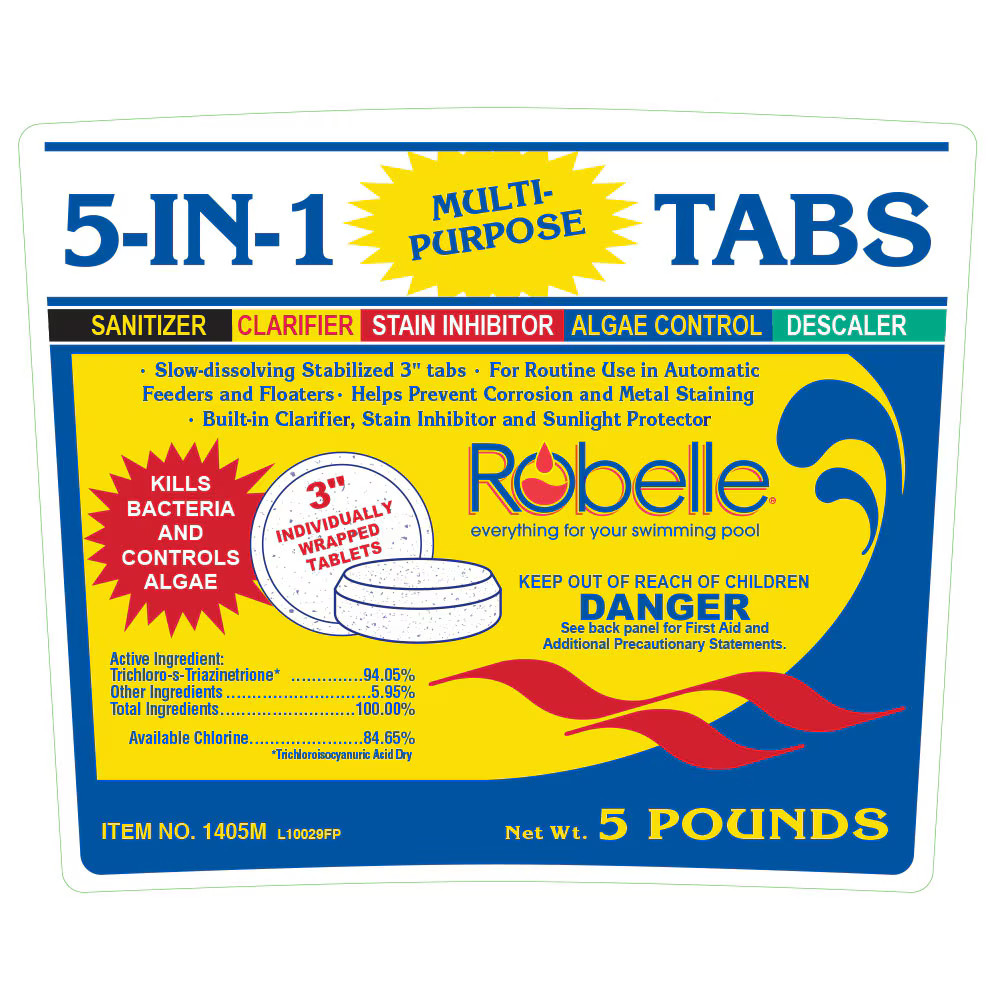 Robelle Chlorine 5-in-1 3″ Tabs Swimming Pool Sanitizer Chemical – 5 Lbs.