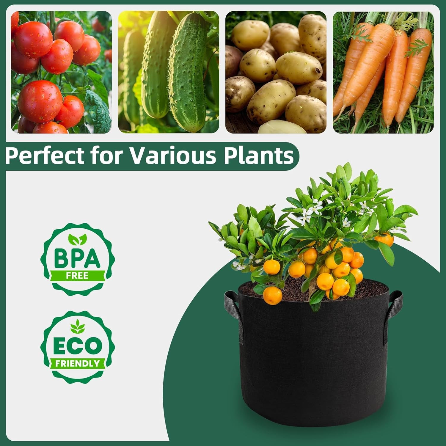 5 Pack 5 Gallon Grow Bags, Thickened Aeration Nonwoven Fabric Plant Pots with Ha