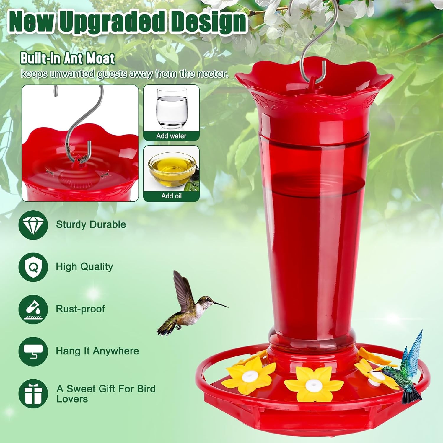 10 OZ Glass Hummingbird Feeders Outdoors Hanging Red 2 Pack Ant & Bee Proof