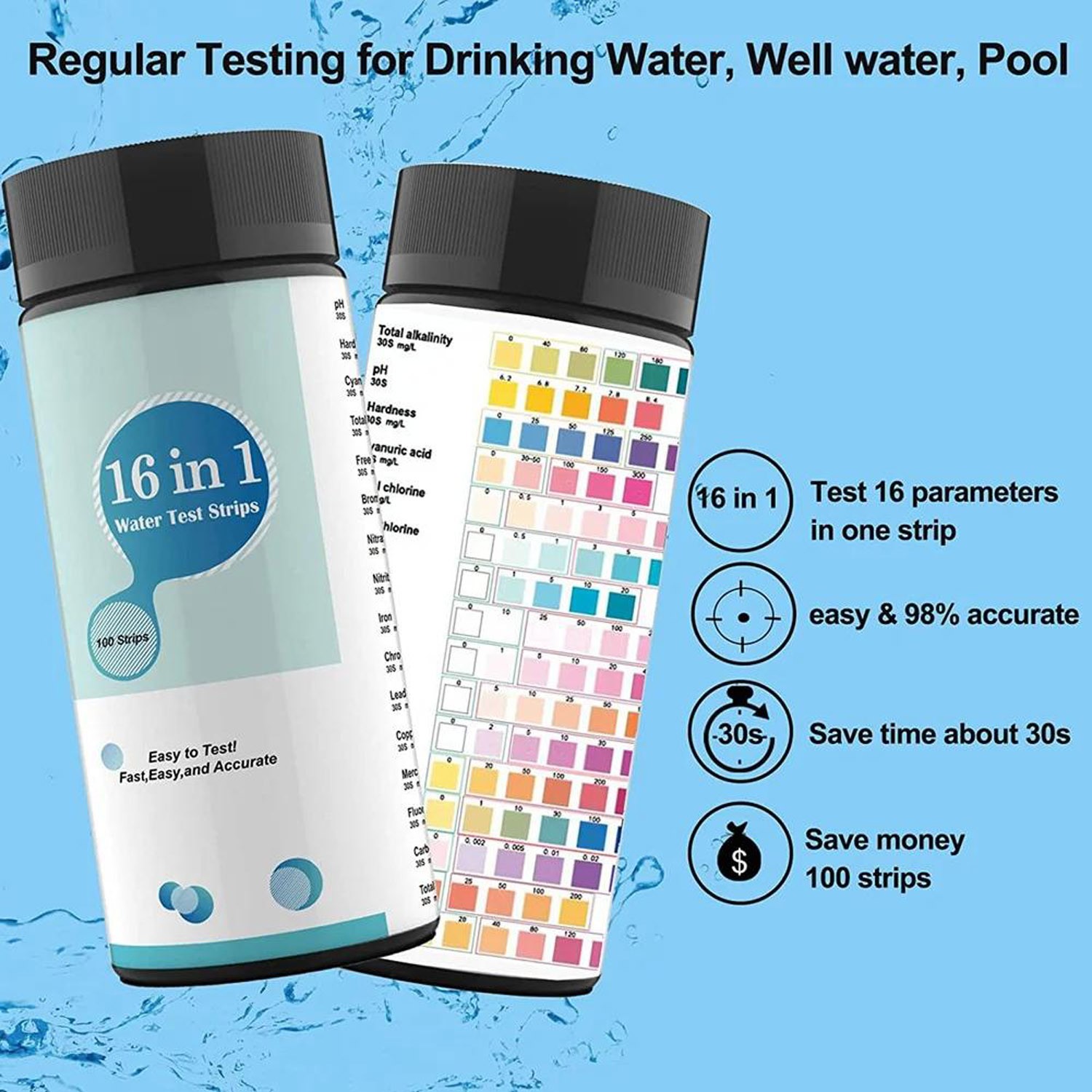 16 In 1 Drinking Water Test Kit Strips 100 cnt. Home Water Quality Test For Tap