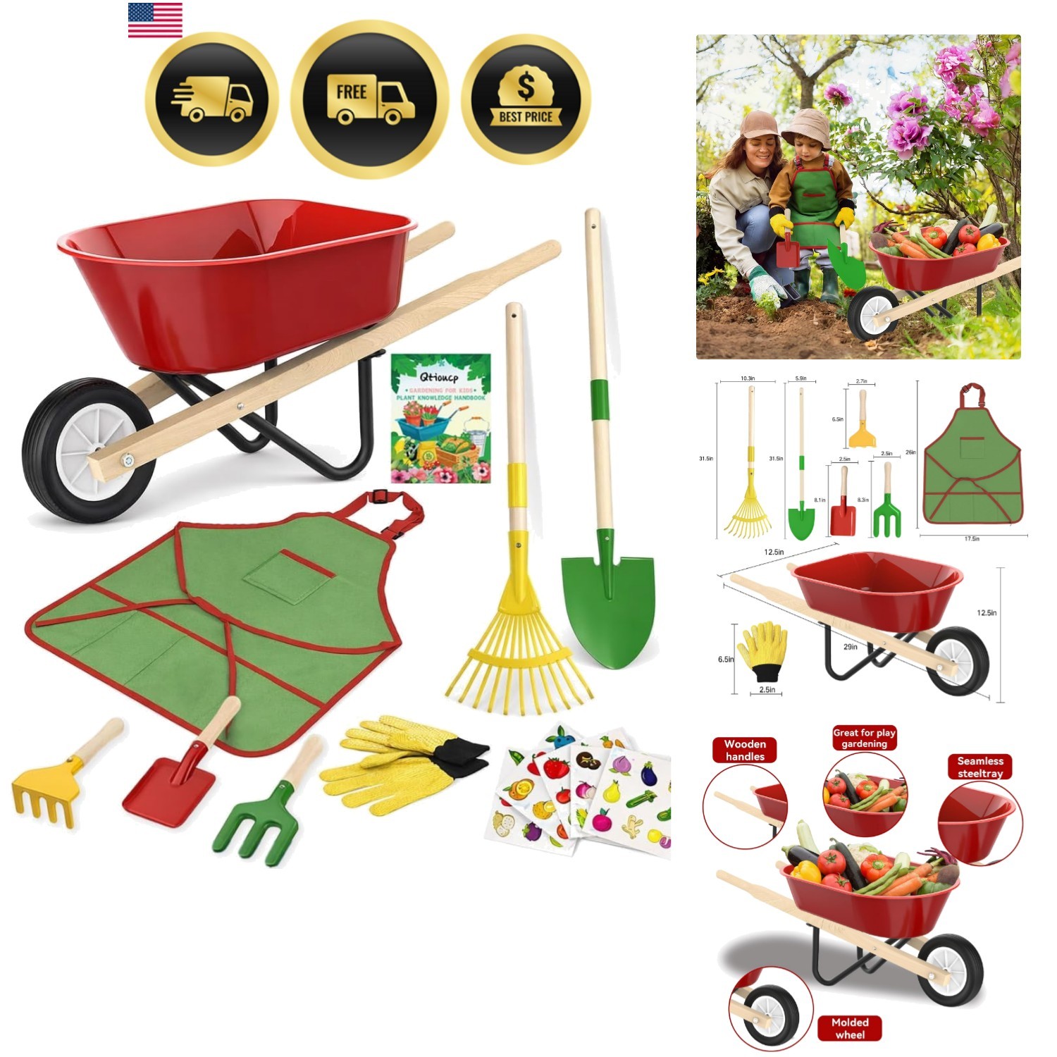 Kids Gardening Wheelbarrow Set, Metal & Wooden Garden Tools for Kids Ages 3-8…